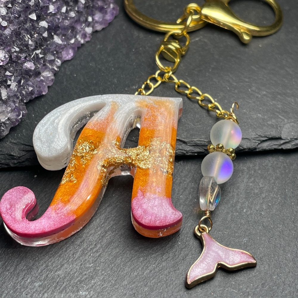 Custom Orange, Pink and Cream Letter “A” Keychain with Gold Accents - Picture 12 of 12